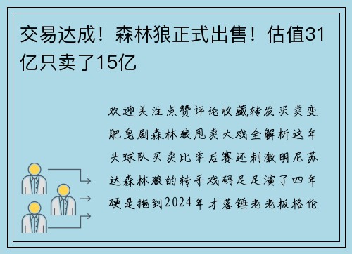 交易达成！森林狼正式出售！估值31亿只卖了15亿