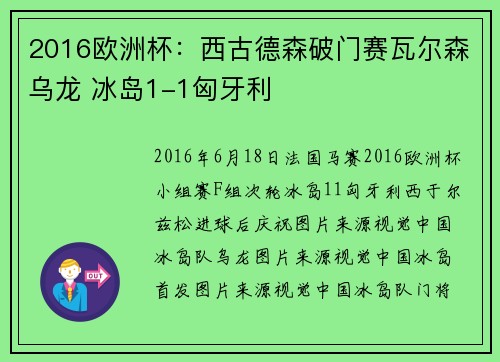 2016欧洲杯：西古德森破门赛瓦尔森乌龙 冰岛1-1匈牙利