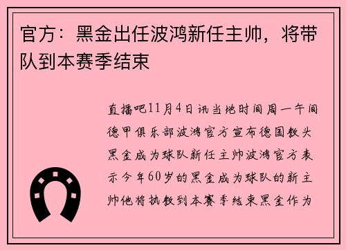 官方：黑金出任波鸿新任主帅，将带队到本赛季结束