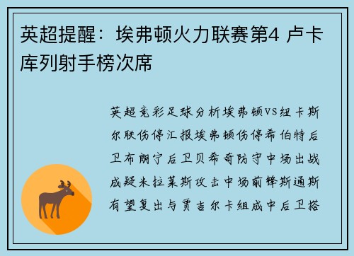 英超提醒：埃弗顿火力联赛第4 卢卡库列射手榜次席